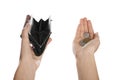 Poor woman holding empty wallet and coins Royalty Free Stock Photo