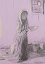 Poor woman praying, pencil sketch Royalty Free Stock Photo