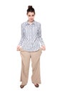 Poor - woman standing with empty pockets Royalty Free Stock Photo