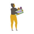 Poor Woman Walking with Food Donation Box in Hands Vector Illustration