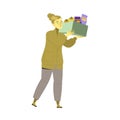 Poor Woman Walking with Food Donation Box in Hands Vector Illustration