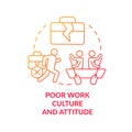 Poor work culture and attitude red gradient concept icon