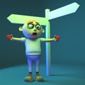 Poor zombie monster is lost as the signpost is blank, 3d illustration