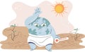 Poorly globe sitting under hot sun with thermometer. Cartoon earth planet global warming concept