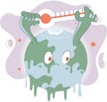 Poorly globe with thermometer planet is melting dripping drops. Cartoon earth global warming concept