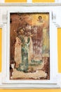 Russia, Uglich, July 2020. An old fresco on the wall of an Orthodox cathedral.