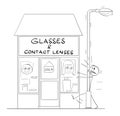 Poorly Seeing Man Hit the Streetlight in Front of Glasses and Contact Lenses Shop. Humor in Vector Cartoon Stick Figure