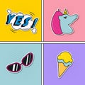 Pop art stickers ice cream, unicorn, glasses and yes