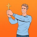 Pop Art Afraid Man Defending from Violence with Cross. Shocked Guy