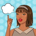 Pop art african american buiseness woman pointing on speech bubble, illustration in pop art retro comic style Royalty Free Stock Photo