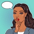 Pop art african american business woman in suit holding finger on lips for stop talking, keeping top secret, vector illustration
