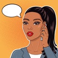 Pop art african american business woman talking on mobile phone with speach bubble for text Royalty Free Stock Photo