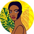 Pop art afro american female face. Young black woman. Vector bright illustration in pop art style.