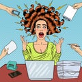 Pop Art Aggressive Furious Screaming Woman with Laptop at Office Work Royalty Free Stock Photo