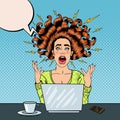 Pop Art Aggressive Furious Screaming Woman with Laptop at Office Work