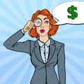 Pop Art Amazed Business Woman with Magnifier Found Money