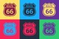 Pop art American road icon isolated on color background. Route sixty six road sign. Vector Royalty Free Stock Photo