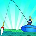 Pop art Angling person with rod in a boat on calm lake water silhouette. Cartoon simple minimal. Fisher Image Comic book