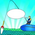 Pop art Angling person with rod in a boat on calm lake water silhouette. Text bubble. Fisher Image Comic book Royalty Free Stock Photo
