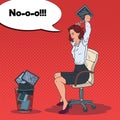 Pop Art Angry Business Woman Throwing Laptop to the Trash Bin. Stress at Work