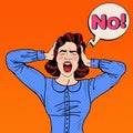 Pop Art Angry Frustrated Woman Screaming and Holding Head with Comic Speech Bubble No Royalty Free Stock Photo