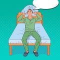 Pop Art Angry Man Closing Ears with Pillow. Stressful Morning Situation. Guy Suffering from Insomnia