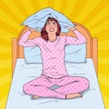 Pop Art Angry Woman Closing Ears with Pillow. Stressful Morning Situation. Girl Suffering from Insomnia Royalty Free Stock Photo