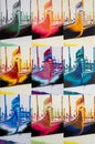 Pop Art - arrangement of Venetian gondolas. Venice gondola decorations and symbols in bold, different colors.