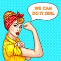 Pop art attractive confident woman housewife demonstrating her strength Royalty Free Stock Photo