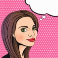 Pop art attractive thinking woman face with speech cloud. Cute brunette girl smiling and looking at you. Vector illustration Royalty Free Stock Photo