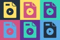 Pop art AVI file document. Download avi button icon isolated on color background. AVI file symbol. Vector Royalty Free Stock Photo