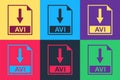 Pop art AVI file document icon. Download AVI button icon isolated on color background. Vector Royalty Free Stock Photo