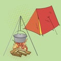 Pop Art Background Camping. Vector of an imitation retro comic style tent and bonfire with cooking food