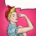 Pop art background. We Can Do It. Iconic woman's fist/symbol of female power and industry. Advertising.Pop art girl.