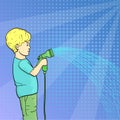 Pop art background. A child, a little boy watering a garden, a garden with a hose of water. Raster Royalty Free Stock Photo