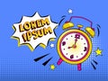 Pop art background with comic alarm clock ringing with speech bubble with your own text. Vector bright cartoon illustration in ret Royalty Free Stock Photo