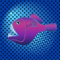 Pop art background deep sea, water fish, Lophius piscatorius. Imitation comic style, retro raster. Evil predator