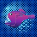 Pop art background deep sea, water fish, Lophius piscatorius. Imitation comic style, retro vector. Evil predator