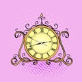 Pop art background, desktop clock. Retro object, antiques, raster imitation comic style