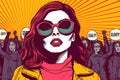 Pop art background with famale Stand up for your rights protest. Female power, protest, feminism. Vector poster in retro