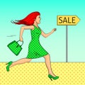 Pop art background. The girl is running for a sale. The tracer is a pointer. Comic style, retro. Raster