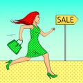 Pop art background. The girl is running for a sale. The tracer is a pointer. Comic style, retro. Vector