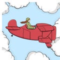 Pop art background, imitation of comics. Military girl flies on the old plane. Sky and clouds. Vector