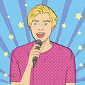 Pop art background. Imitation of comics style. The guy sings into the microphone in karaoke, showman, singer. Vector Royalty Free Stock Photo