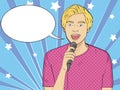 Pop art background. Imitation of comics style. The guy sings into the microphone in karaoke, showman, singer. Vector