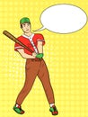 Pop art background. A man, a professional baseball player, an athlete. He hits the ball with a bat. Vector text bubble