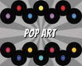 Pop art background with rays and vinyl disks. Vintage poster of vinyl player record. Vector retro music template banner Royalty Free Stock Photo