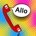 Pop art background red old phone handset and speech bubble with Royalty Free Stock Photo