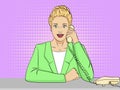 Pop art background, retro comic style. Woman secretary on the desktop. Vector