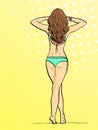 Pop art background, summer color. Beach and sand. The girl back, in a swimsuit on vacation. Imitation comic style